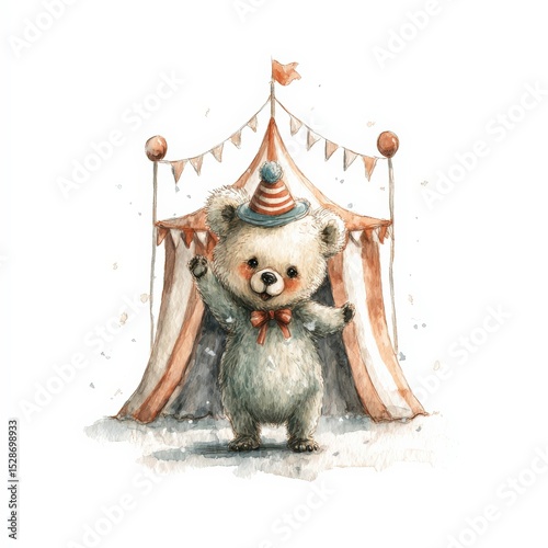 Cute bear in a party hat celebrating in front of a colorful circus tent during a festive occasion