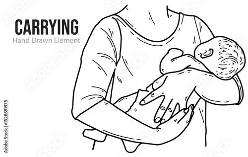 Mother holding baby hand drawing element, black ink, line art, editable