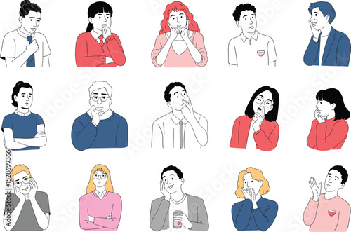 Collection of diverse people thinking, pondering, daydreaming, expressing emotions, hand gestures, reaction faces, casual outfits, cartoon style, illustration art.