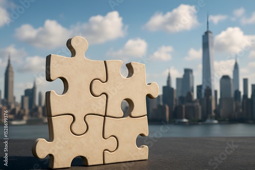 Four puzzle pieces interlock, set against a blurred cityscape, suggesting connection and unity.