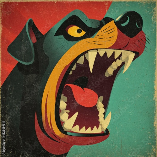 Fierce dog illustration with bold colors and expressive features showcasing a powerful presence
