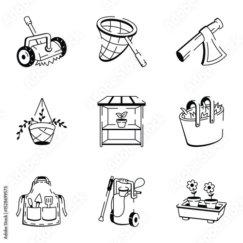 Pack of Gardening Equipment Doodle Style icons 
