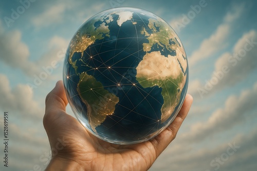 Human hand holds a glowing globe representing worldwide network against a cloudy sky background.
