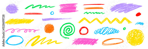 Crayon pencil scribble chalk texture brush stroke element set. Hand drawn crayon pencil brush stroke texture line color shape. Children chalk scratch hand drawn style. Vector illustration