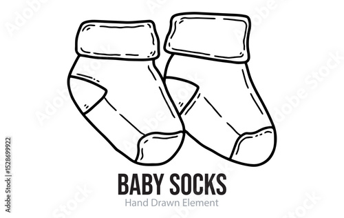 Hand drawn elements of baby socks. Sketch, black ink, line art, baby supplies