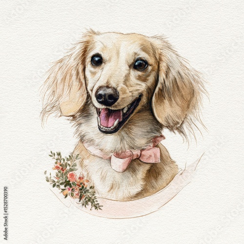 Cute dog with fluffy ears and a pink bow, surrounded by flowers, happily posing for an artistic portrait