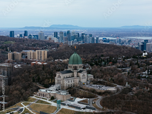 Aerial view of St. Josephs Oratory of Mount Royal at Sunset in winter. Montreal, Quebec, Canada