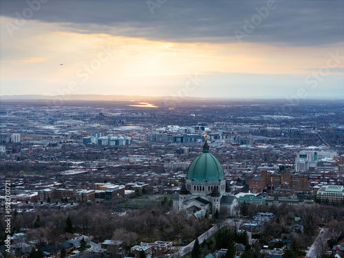 Aerial view of St. Josephs Oratory of Mount Royal at Sunset in winter. Montreal, Quebec, Canada