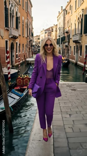 Woman in purple suit walking on a venice street with gondolas and buildings in the background smiling