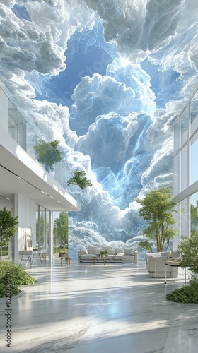 AI Cloud Infrastructure System Spacious interior with cloud-inspired ceiling design. Virtual Intelligence Processing Smart Scalable Data Platform