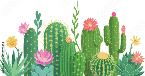 A colorful illustration of various cactus and blooming flowers isolated on white background.