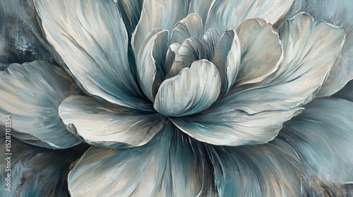 Close-up of a painted peony.  Soft, textured petals in muted shades of blue and gray