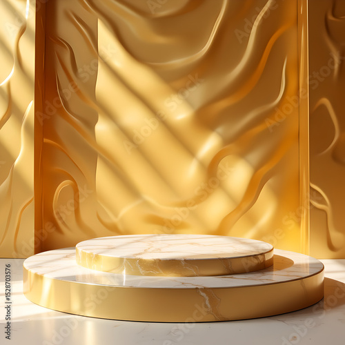 Round gold metal podium on gold background with gold background. Perfect platform for showing your products. Three dimensional illustration