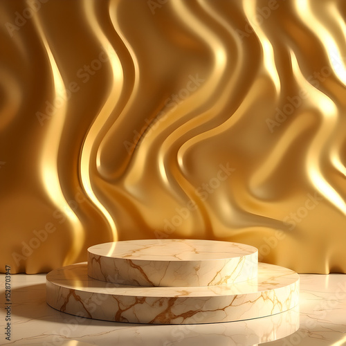 Round gold metal podium on gold background with gold background. Perfect platform for showing your products. Three dimensional illustration