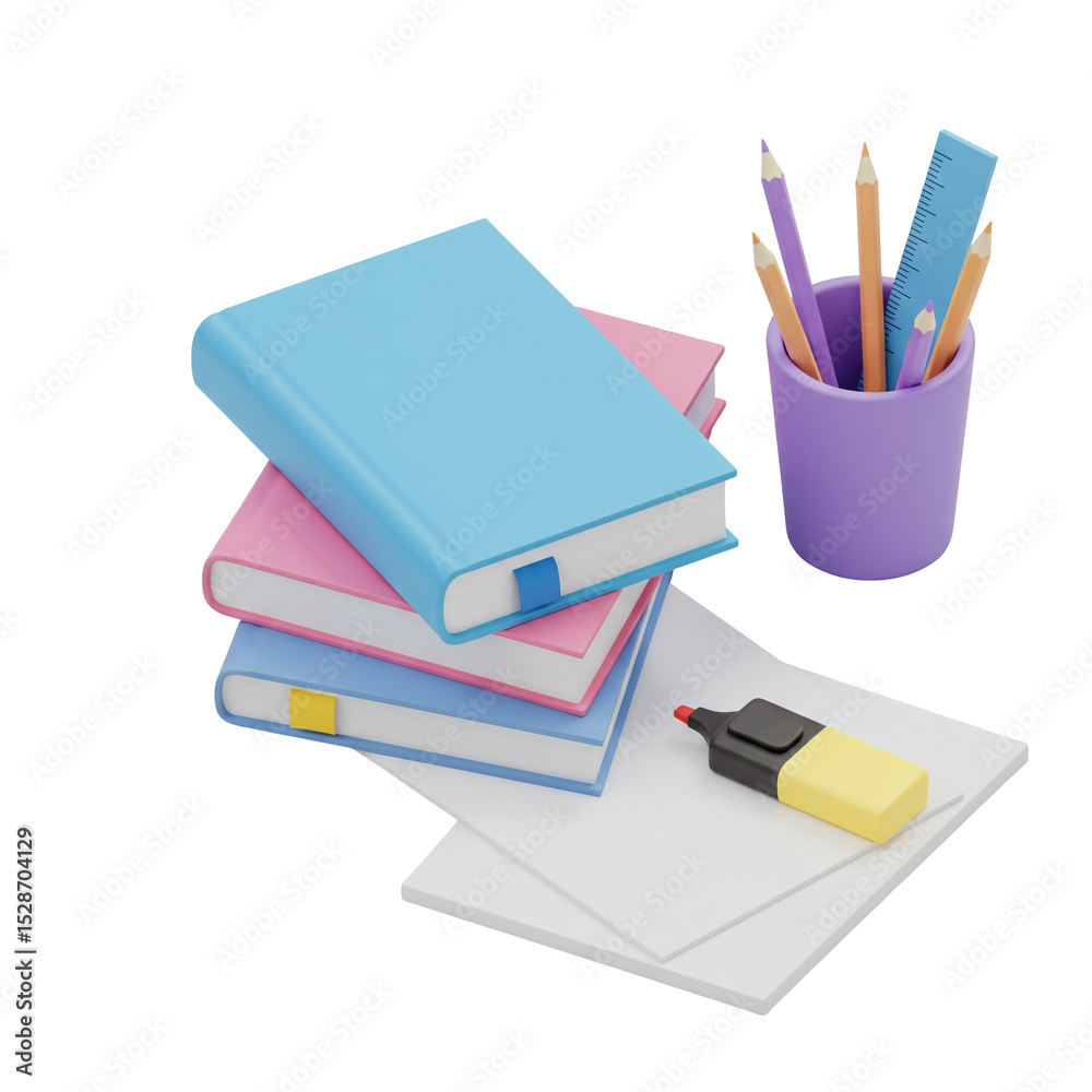 Fototapeta premium Overhead 3D Illustration of School Supplies on Transparent Surface