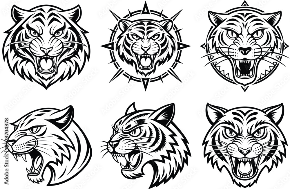 Fototapeta premium Six Fierce Tiger Head Designs Perfect for Logo Branding Mascots and Tribal Art Styles