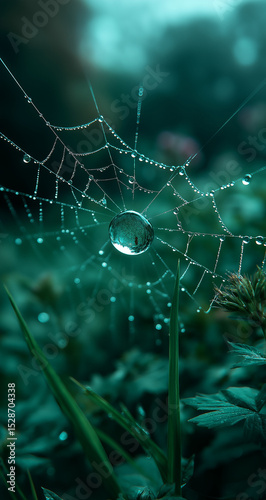 Dew-Covered Spider Web with Water Droplet