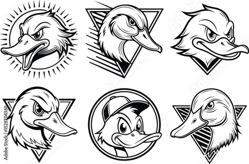 Six fierce duck head logos perfect for sports teams mascots branding and apparel designs showcasing versatile vector graphics