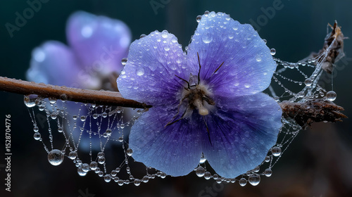 Purple Flower and Spider Web Covered in Dew