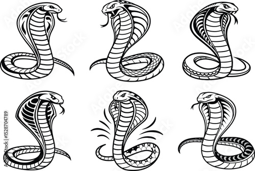 Six striking Cobra snake designs perfect for logos branding tattoo art and scalable graphic projects