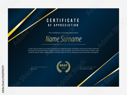 Luxury certificate of appreciation template in dark blue and gold color
