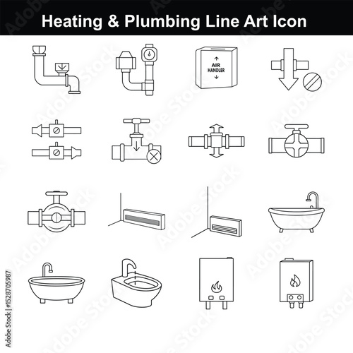 Heating & Plumbing Line Art Icon Bundle. Fully editable vector format.