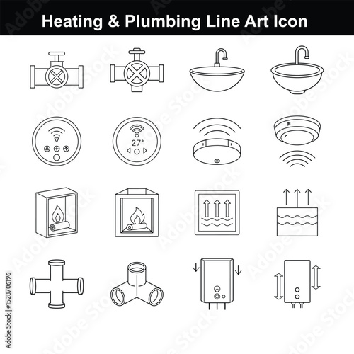 Heating & Plumbing Line Art Icon Bundle. Fully editable vector format.