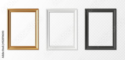 3d realistic vector icon illustration. Set of picture frames in rectangular shape in gold, white and black color. Isolated on transparent background.