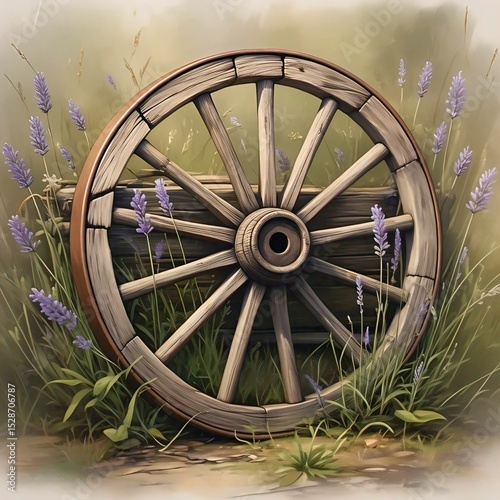 Vintage Wooden Wagon Wheel with Lavender - Rustic Garden Decor