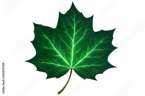 Luminescent green veins tracing intricate pathways through translucent maple leaf membrane, revealing organic technological aesthetic