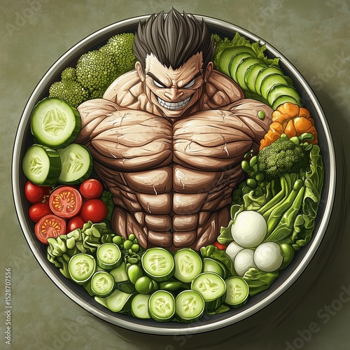 a muscular, dark-haired character emerging from a bowl brimming with a variety of fresh vegetables such as cucumbers, tomatoes, and leafy greens, representing a powerful and nutritious diet.
