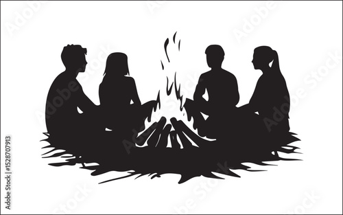Mountain Camping Silhouette Scene Hiker, Tent, and Pine Trees Vector Art