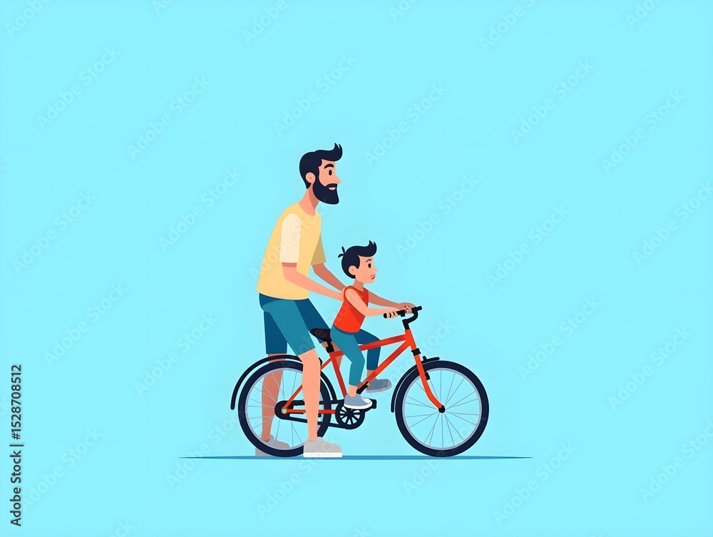 Obraz premium Father teaching son to ride bicycle on blue background illustration family bonding activity