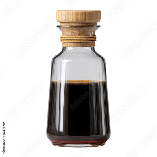 Glass bottle with bamboo lid containing dark liquid, showcasing modern design and eco-friendly style Transparent background or png