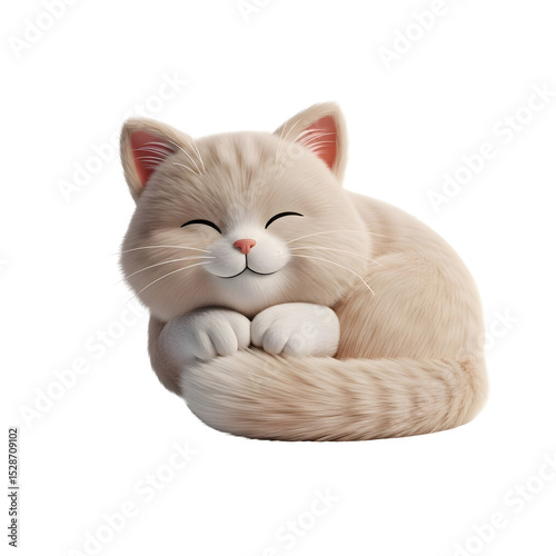 Smiling Beige Cat Sleeping Curled Up with Transparent Background