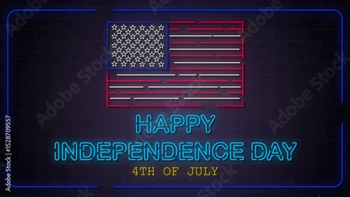4K animation of a glowing neon American flag with “Happy Independence Day” and “4th of July” text. Vibrant lights flash over a dark brick wall, celebrating U.S. freedom with a modern touch.