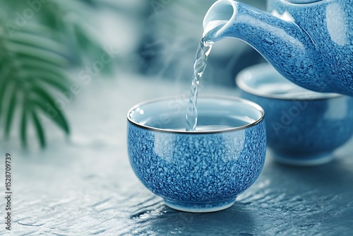 Clear water pouring from a blue teapot into a small teacup