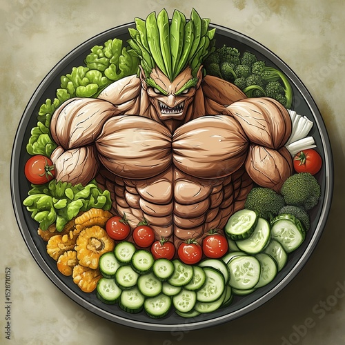 a muscular, green-haired character, reminiscent of a superhero or anime figure, emerging from a bowl filled with various fresh vegetables like lettuce, broccoli, tomatoes, and cucumbers.