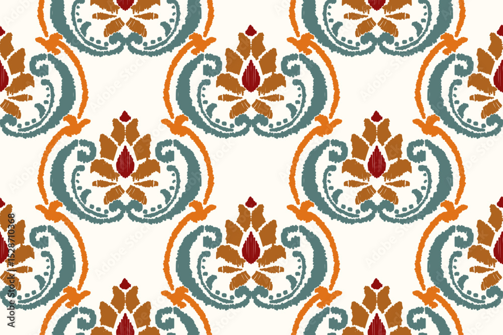 Fototapeta premium Ikat Floral Paisley Embroidery on white background, traditional geometric pattern, Aztec style abstract vector illustration, designed for