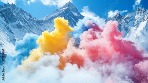 Colorful smoke plumes rising against a backdrop of snow-capped mountains.  Vibrant hues of smoke mingle with the crisp mountain air