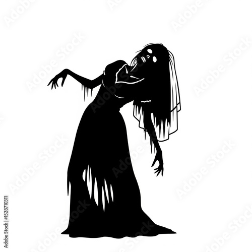 A silhouette of a zombie bride from the front, white background.