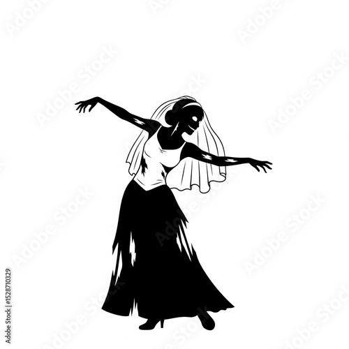 A silhouette of a zombie bride dancing, white background.