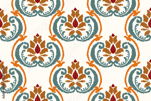 Ikat Floral Paisley Embroidery on white background, traditional geometric pattern, Aztec style abstract vector illustration, designed for