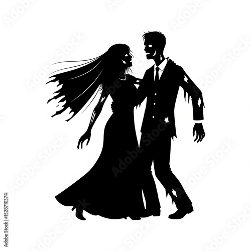 A silhouette of a zombie bride and zombie groom dancing close, white background.