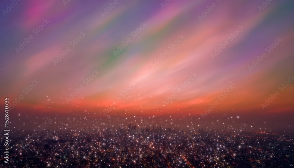 Fototapeta premium Aerial view of a city at dusk with a vibrant sky