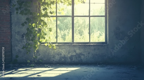 Sunlight Streams Through a Grungy Window Surrounded by Ivy