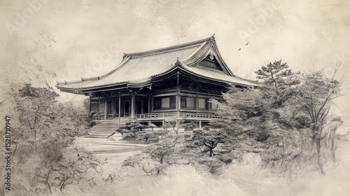 Traditional Asian Architecture Surrounded by Nature in Vintage Style