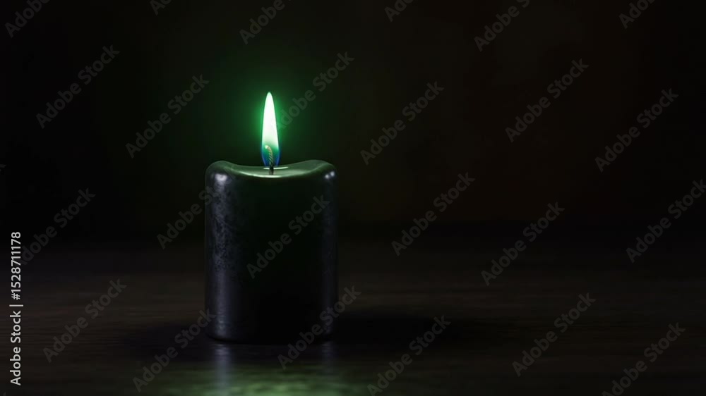 Black candle with green flame glowing in dark setting