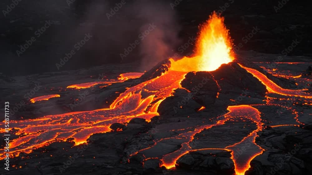 Erupting volcano spewing lava against dark sky backdrop Erupting volcano spewing lava against dark sky backdrop