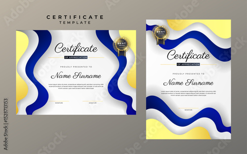Modern Certificate Of Appreciation Template With Wavy Blue And Gold Design